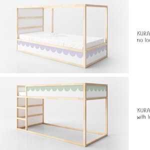 May include: Two wooden Kura beds are shown. The top bed has a white mattress and a headboard with a scalloped design in lavender. The bottom bed is a bunk bed with a green scalloped design. The text on the right says "KURA BED no loader" and "KURA BED with loader".