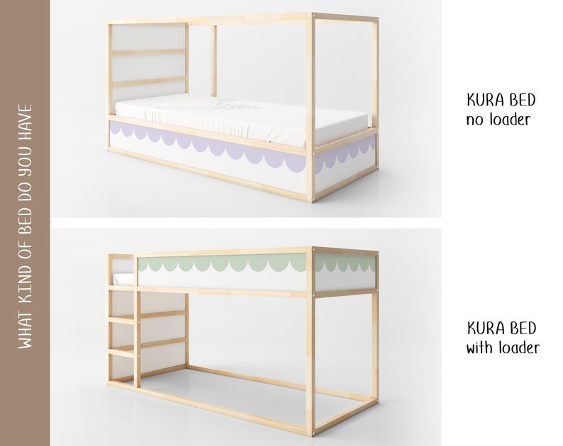 May include: Two wooden Kura beds are shown. The top bed has a white mattress and a headboard with a scalloped design in lavender. The bottom bed is a bunk bed with a green scalloped design. The text on the right says "KURA BED no loader" and "KURA BED with loader".