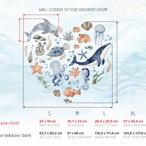 May include: A set of watercolor-style wall stickers featuring a variety of sea creatures, including a dolphin, whale, octopus, turtle, starfish, and seahorse. The stickers are arranged in a heart shape and are available in four sizes: small (25 x 16 cm), medium (35.7 x 23 cm), large (46.4 x 29.9 cm), and extra large (57 x 36.8 cm).