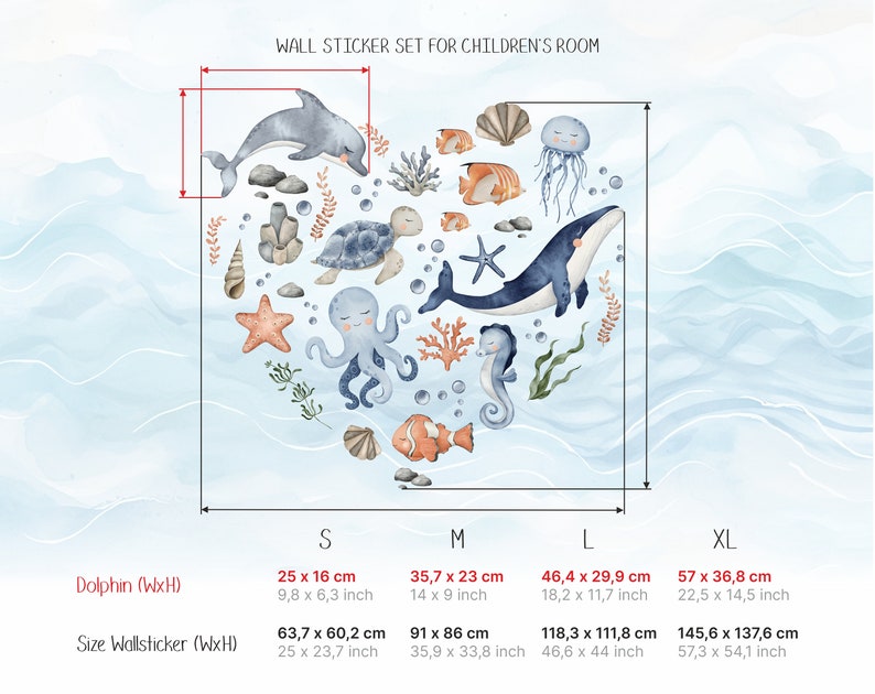 May include: A set of watercolor-style wall stickers featuring a variety of sea creatures, including a dolphin, whale, octopus, turtle, starfish, and seahorse. The stickers are arranged in a heart shape and are available in four sizes: small (25 x 16 cm), medium (35.7 x 23 cm), large (46.4 x 29.9 cm), and extra large (57 x 36.8 cm).