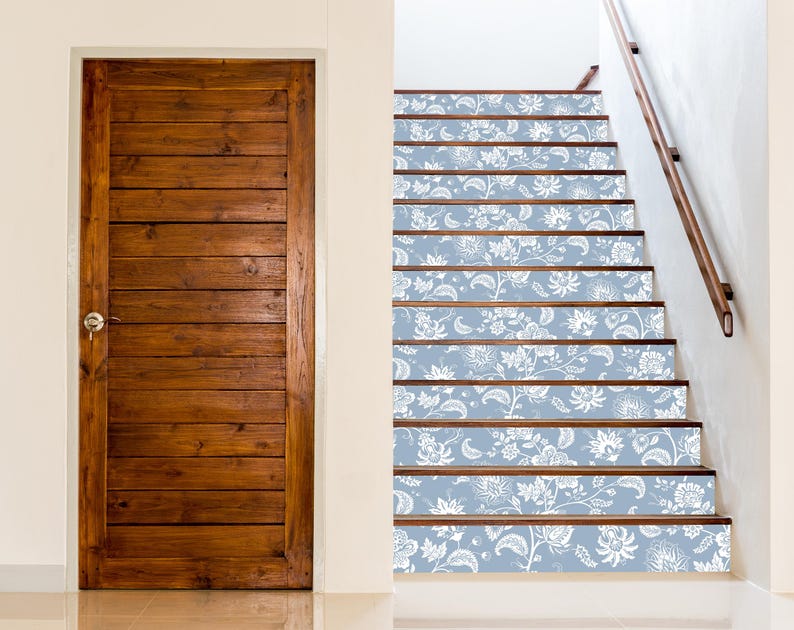 Blue Floral Stair Riser Decals, Elegant White Flower Step Stickers