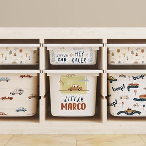 Folia samoprzylepna z motywem samochodu do pudełka IKEA TROFAST, naklejka winylowa do przechowywania dzieci, zdejmowany organizer na zabawki, etykieta na pojemnik do pokoju dziecięcego, wzór wyścigowy