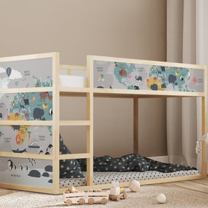 IKEA KURA Bett Aufkleber, Landkarte Aufkleber Ozeane und Länder, Kinderzimmer Dekor, Karte mit diversen Tier- und Pflanzenmotiven