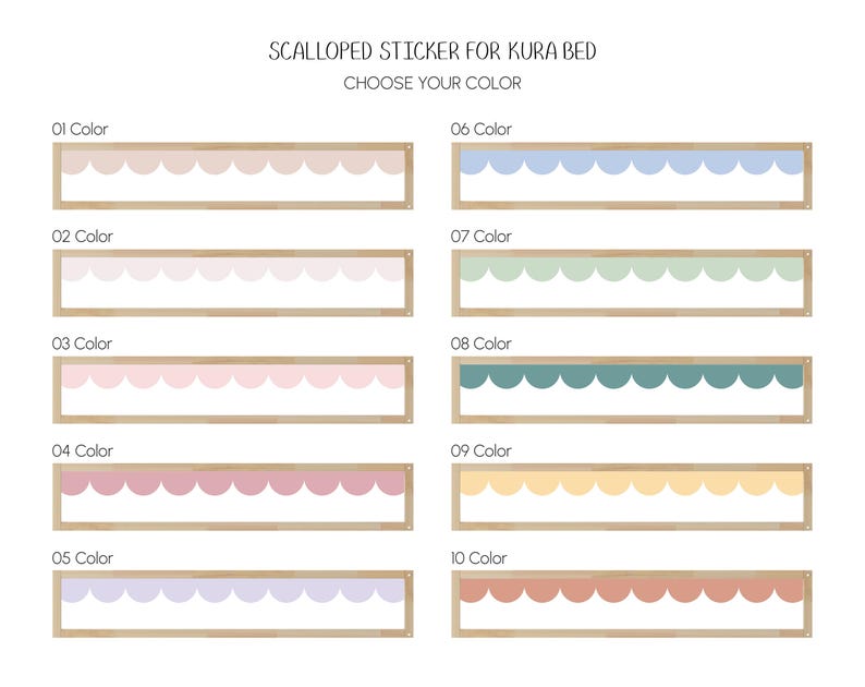 May include: A selection of ten scalloped stickers for a Kura bed, each with a different color. The colors include shades of beige, pink, purple, blue, green, and yellow. The text "SCALLOPED STICKER FOR KURA BED CHOOSE YOUR COLOR" is at the top.