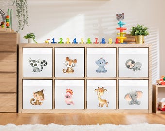 Set of 6 animal box stickers for storage, cute woodland animal decals for foldable storage bins, kids room organization, Kallax boxes
