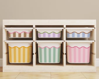 Striped Scallop Decals for IKEA TROFAST Bins, Pastel Vinyl Wraps, Kids Toy Storage Stickers, Nursery Playroom Decor Labels