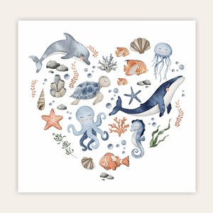 May include: A watercolor illustration of various sea creatures and ocean life arranged in a heart shape. The illustration features a blue whale, dolphin, turtle, octopus, seahorse, jellyfish, starfish, seashells, coral, and seaweed.