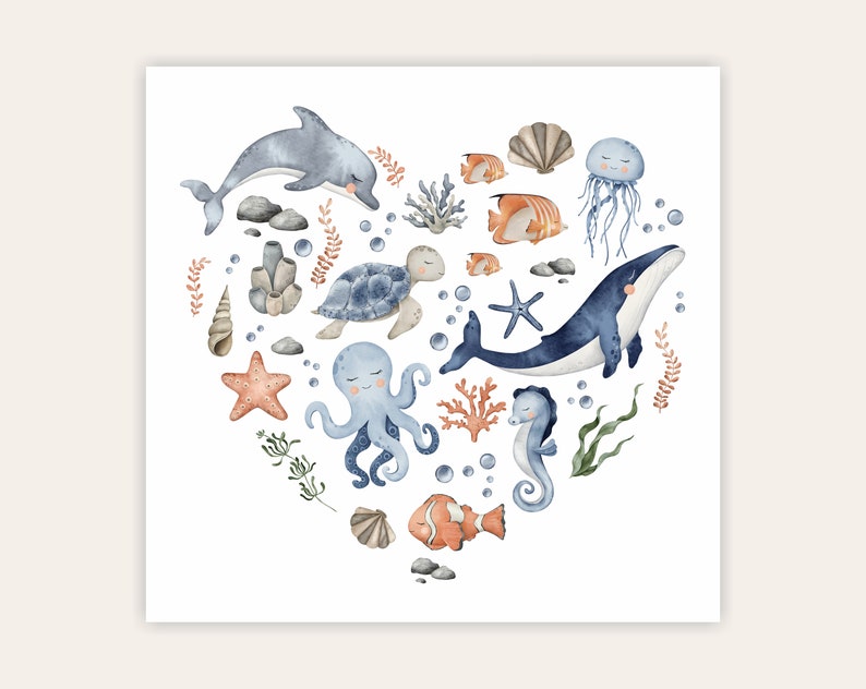 May include: A watercolor illustration of various sea creatures and ocean life arranged in a heart shape. The illustration features a blue whale, dolphin, turtle, octopus, seahorse, jellyfish, starfish, seashells, coral, and seaweed.