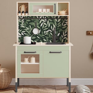 Custom Play Kitchen Sticker Set - Green Leaf Wallpaper for IKEA Duktig, Kids Wooden Play Kitchen Upgrade, Nature-Inspired Kitchen Decor
