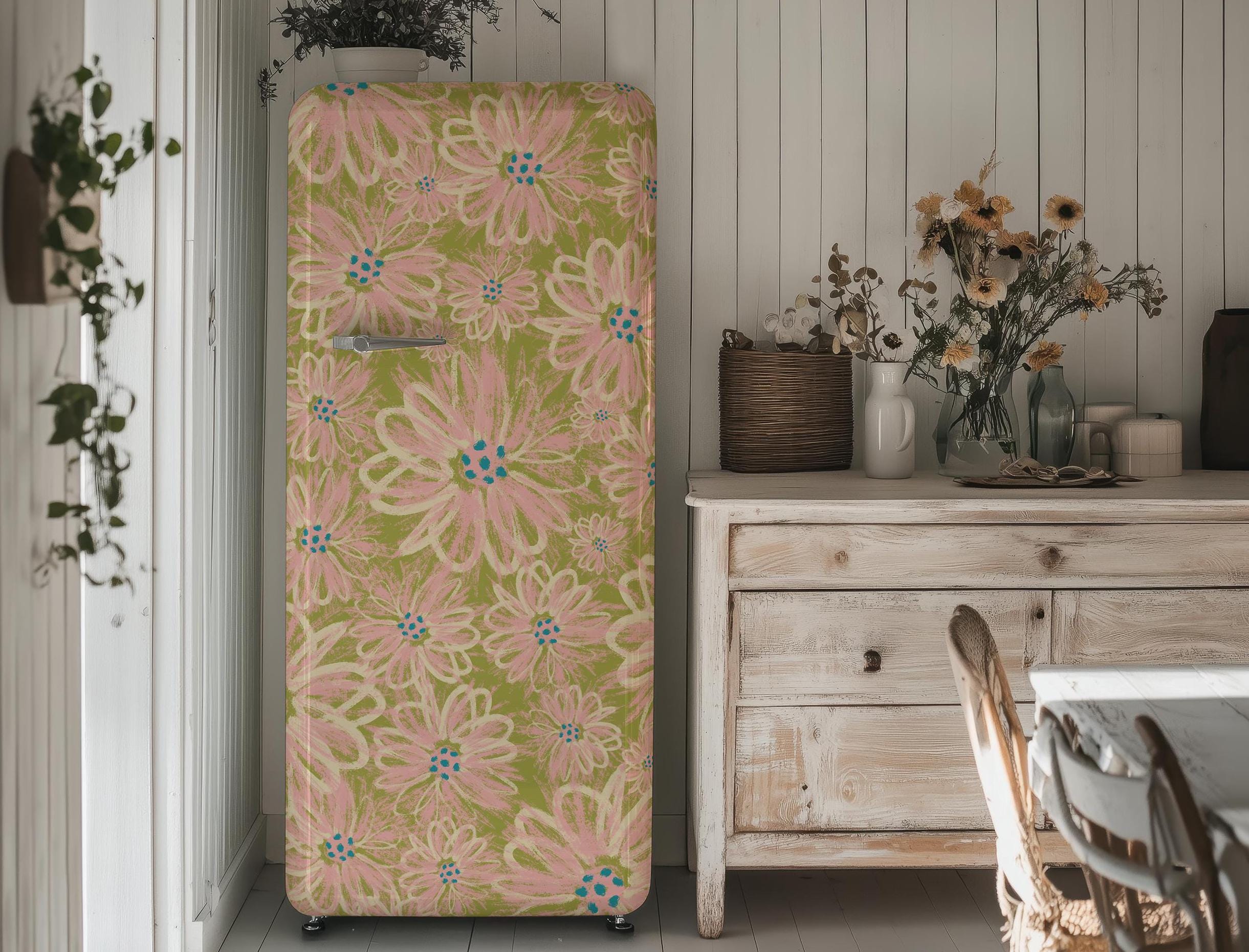Vinilo decorativo vintage con diseño floral para frigoríficos: vinilos personalizados para frigoríficos, cubiertas adhesivas para frigoríficos para mo