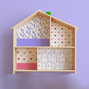 Romantic Dollhouse Decals for IKEA Flisat, Pink Roof and Heart Wallpaper Stickers, Exterior Wall Vinyl with Bike and Flowers Decor