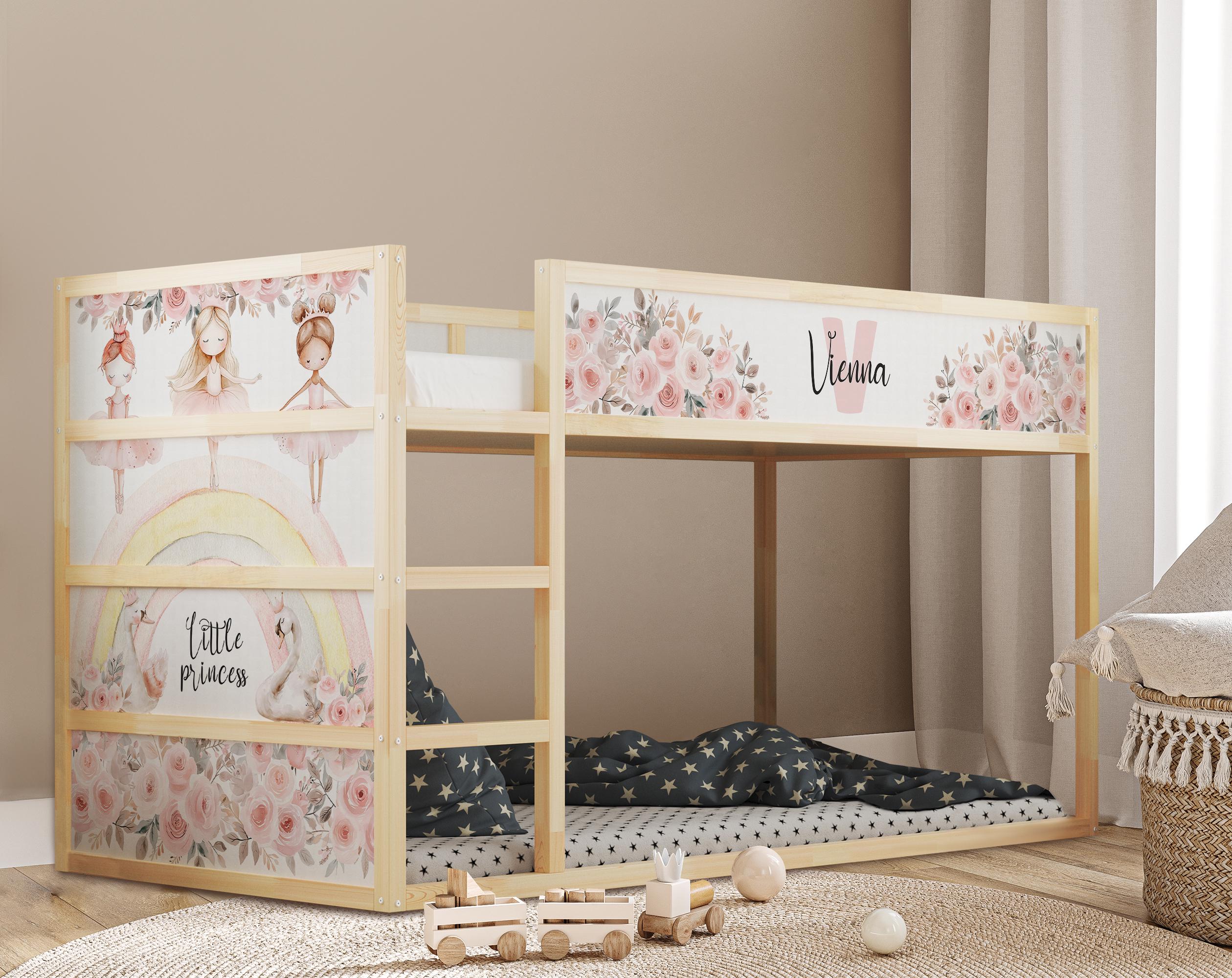 Personalized Ballerina Swan Bed Stickers IKEA KURA, Custom Dusty Pink Floral Decals, Removable Vinyl Ballet Bouquets, Pastel Nursery Decor