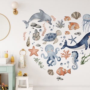 Wandaufkleber Set Meerestiere, Ozean Unterwasserwelt Wandsticker Babyzimmer, Unterwasser Kinderzimmer Wandtattoo, Aquarell Narval Wandsticker