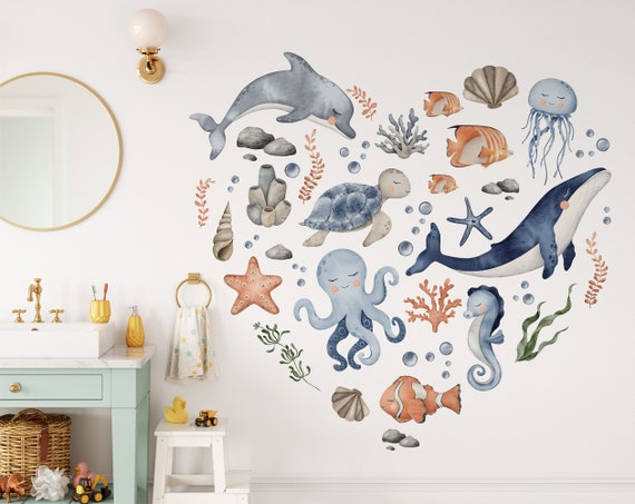 Wall Stickers Set Sea Animals, Ocean Underwater World Wall Sticker Baby Room, Underwater Nursery Wall Decal, Watercolor Narval Wall Sticker