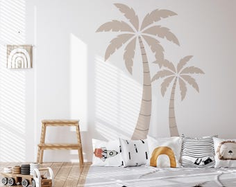 Tropical Palm Tree Wall Decals for Boho Nursery, Beige Removable Vinyl Stickers, Summer Beach Baby Room Decor, Jungle Safari Wall Art