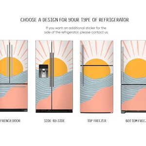 May include: Four different refrigerator door designs featuring a stylised sunset with a yellow sun, pink and blue waves, and a white background. The designs are labelled "French Door", "Side-by-Side", "Top Freezer", and "Bottom Freezer".