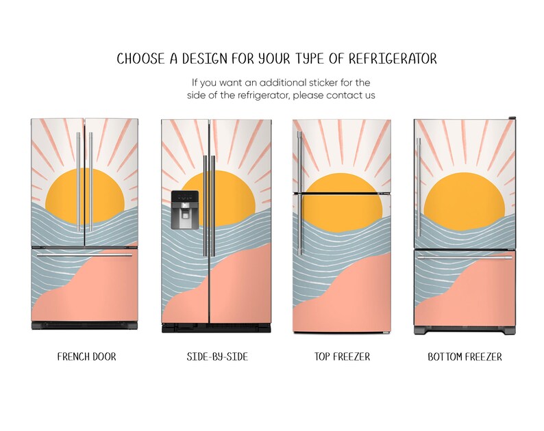 May include: Four different refrigerator door designs featuring a stylised sunset with a yellow sun, pink and blue waves, and a white background. The designs are labelled "French Door", "Side-by-Side", "Top Freezer", and "Bottom Freezer".
