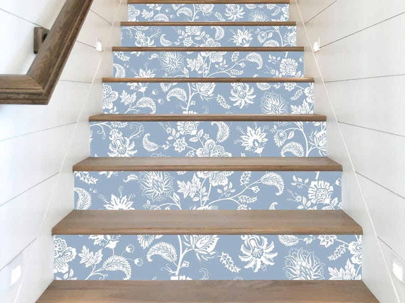 Blue Floral Stair Riser Decals, Elegant White Flower Step Stickers