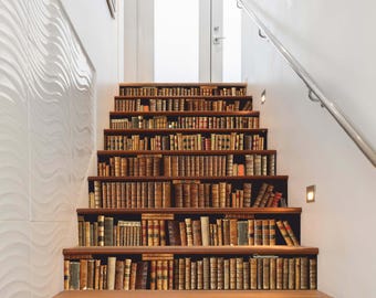 Vintage Library Book Spine Stair Decals: Peel & Stick Bookshelf Design