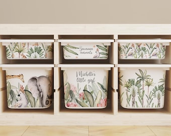 Savanna Animal Stickers for IKEA TROFAST Bins, Custom Jungle Name Labels for Toy Storage, Elephant Giraffe Safari Organizer Decals for Kids