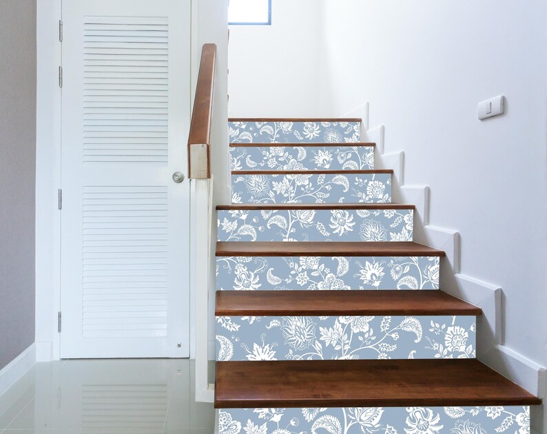 Blue Floral Stair Riser Decals, Elegant White Flower Step Stickers