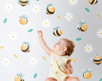 Bee Wall Stickers: Removable Daisy & Leaf Nursery Decals