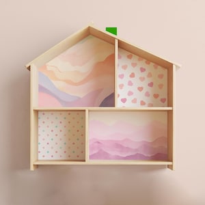 Heart and Rainbow Dollhouse Decals for IKEA Flisat, Pink Roof and Watercolor Wallpaper Stickers, Playful Exterior Vinyl Decor Kit