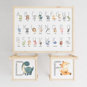 Può includere: Due scatole di legno per riporre oggetti con sfondo bianco e una lettera sul davanti. La scatola a sinistra ha la lettera D e un'illustrazione di dinosauro. La scatola a destra ha la lettera F e un'illustrazione di volpe.