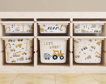 Construction Theme IKEA TROFAST Decals, Builder Vehicle Toy Storage Stickers, DIY Vinyl Box Wraps, Kids Room Removable Organizer Decor
