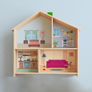 Moderne Wohnung Puppenhaus Aufkleber für IKEA Flisat, Realistische Zimmer Aufkleber, Urban Fassade und Dach Vinyl Dekor Set