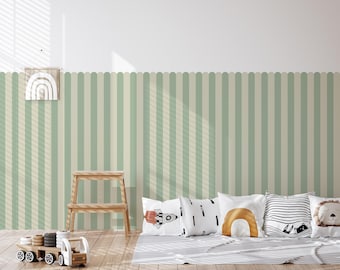 May include: A children's room with green and beige striped wallpaper, a wooden step stool, and decorative pillows. Pillows feature rocket, abstract, and animal designs. A wooden toy truck and a rainbow wall art piece are also present.