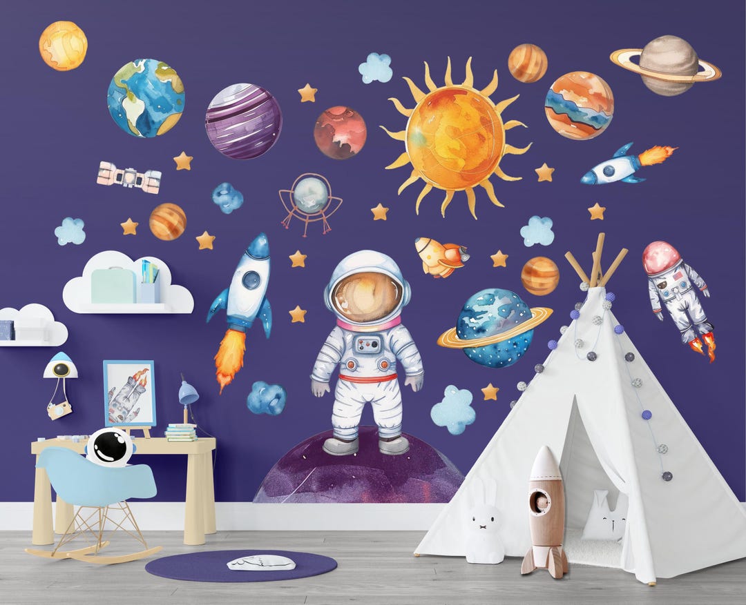 Outer Space Wall Decal Set With Astronaut, Planets, Sun, Stars, Rocket ...