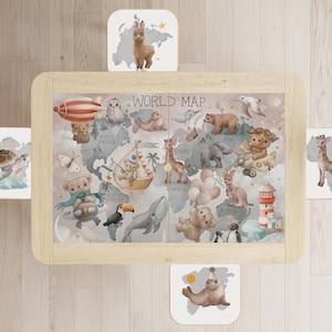 Weltkarte Aufkleber für IKEA Flisat, Aufkleber für Kinder, Geographie Spieltischdekoration, Aufkleber für Kleinkind, Lernlandkarte