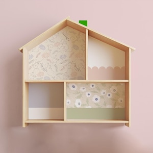 Classic Cottage Dollhouse Decals for IKEA Flisat, Blue Door and Shutter Exterior, Neutral Wallpaper and Roof Sticker Set