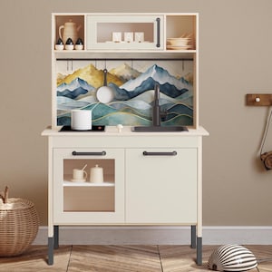 Mountain Landscape Vinyl Stickers for IKEA DUKTIG Play Kitchen – Boho Nature Decals, Neutral Removable Wrap for Kids Pretend Kitchen Decor