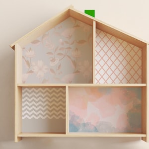 Beige Floral Dollhouse Wallpaper for IKEA Flisat, Removable Wall Decals Set, Pastel Roof and Exterior Stickers for DIY Miniature Home