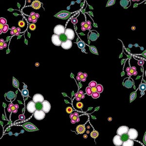 May include: A black fabric pattern featuring repeating floral motifs with white, pink, and green petals. The stems are grey with white dots, accompanied by small green leaves and circular accents in yellow, blue, and pink throughout the design.