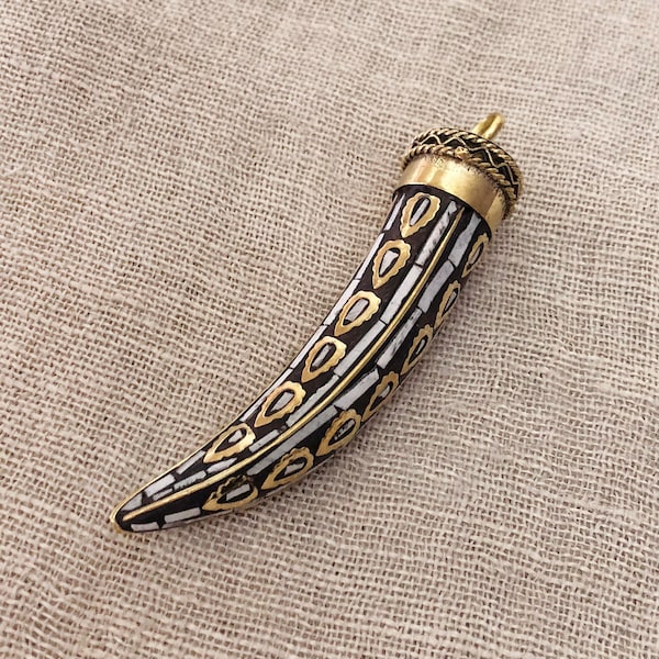 White Tibetan Brass Tusk Pendant, Indian Horn Charm with Mosaic Stone