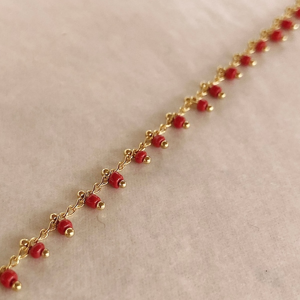 Chaîne Boho en or avec perles rouges, chaîne en laiton plaqué or pour la fabrication de bijoux, bricolage d'artisanat de bijoux d'été