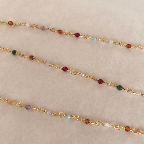 Gold Beaded Chain with Multicolor Agate Beads, Boho Goldplated Gemstone Chain for Jewelry Making, Summer Jewel Craft DIY