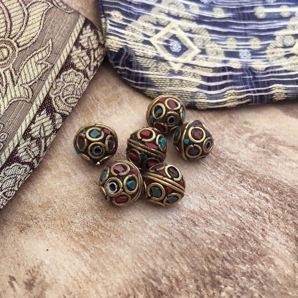 Artisanal Tibetan Brass Beads w/ Coral & Turquoise Inlay - Round Handmade Ethnic Nepal Mosaic Stone Tribal Bead 10mm - Set of 6