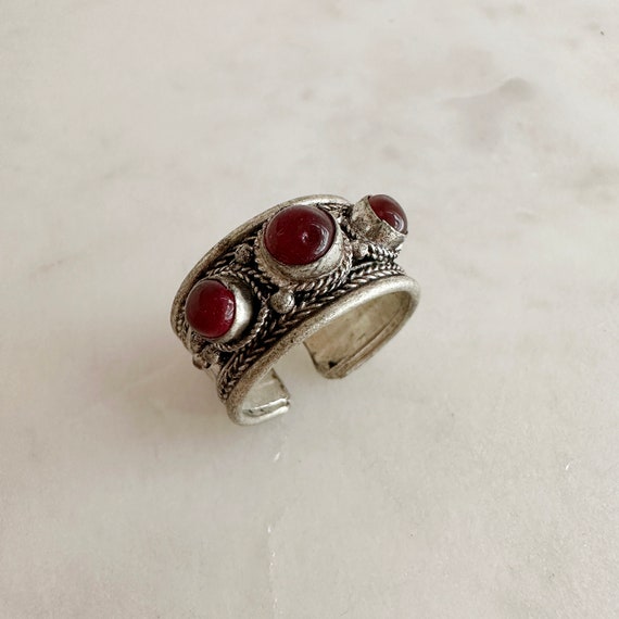 Vintage Tibetan Silver Red Stone Ring, Adjustable… - image 2