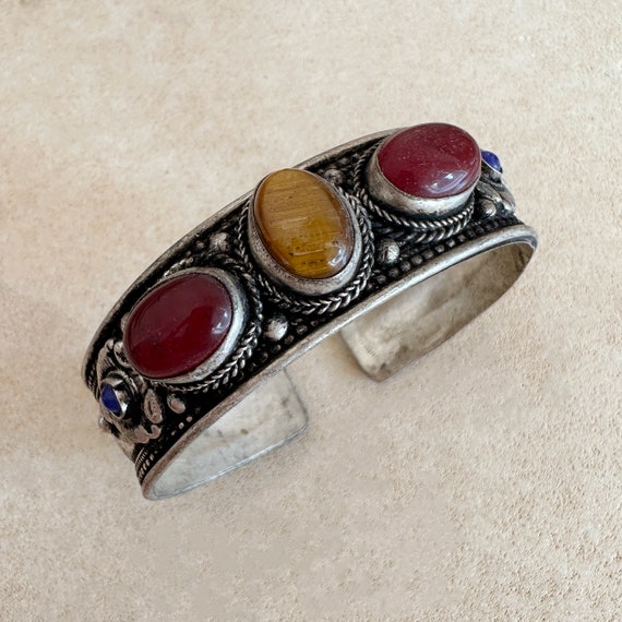 Tibetan Tiger Eye & Agate Cuff Bracelet, Artisanal