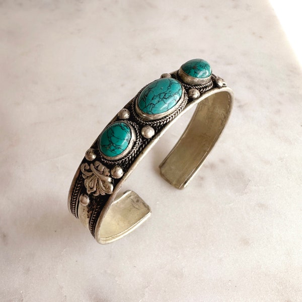 Tibetan Turquoise Stone Cuff Bracelet, Artisanal Silver Alloy Boho Vintage Antique Gemstone Unisex Bohemian Jewelry