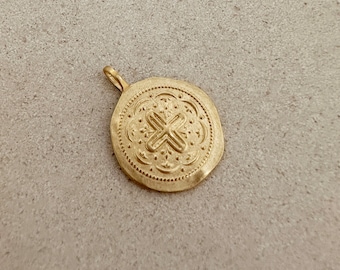 Breloque médaille d'or bohème, pendentif pièce de monnaie ethnique rond mat, fourniture en laiton plaqué or pour la fabrication de bijoux