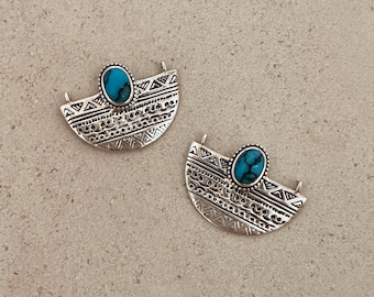 Pendentif ethnique bohème en argent sterling avec pierre bleue turquoise, breloque symbole tribal géométrique pour la fabrication de bijoux