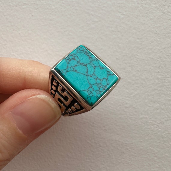Men's Sterling Silver Square Turquoise Signet Rin… - image 3