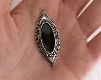 Large Black Silver Pendant, Ethnic Dark Enamel Stone Tibetan Boho Charm for Jewelry Making