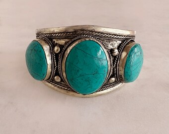 Tibetan Turquoise Stone Cuff Bracelet, Artisanal Silver Alloy Boho Vintage Antique Gemstone Unisex Bohemian Jewelry