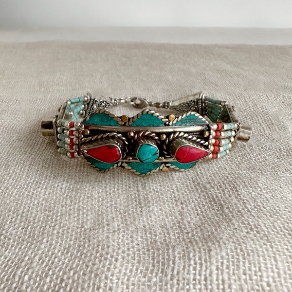 Tibetan Turquoise & Red Vintage Bracelet, Artisanal Silver Alloy Boho Antique Blue Stone, Unisex Bohemian Jewelry